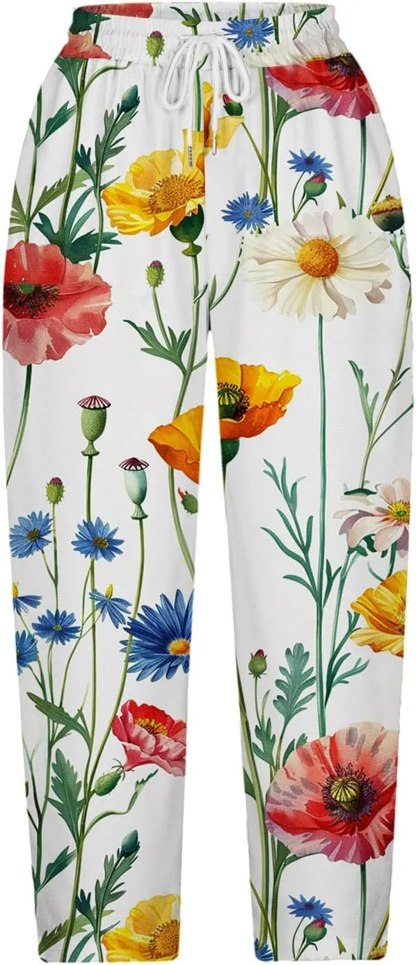 Hawaii Capri Pants for Women Casual Tropical Floral Print Pants Elastic High Waist Drawstring Summer Beach Trousers
