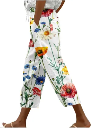 Hawaii Capri Pants for Women Casual Tropical Floral Print Pants Elastic High Waist Drawstring Summer Beach Trousers