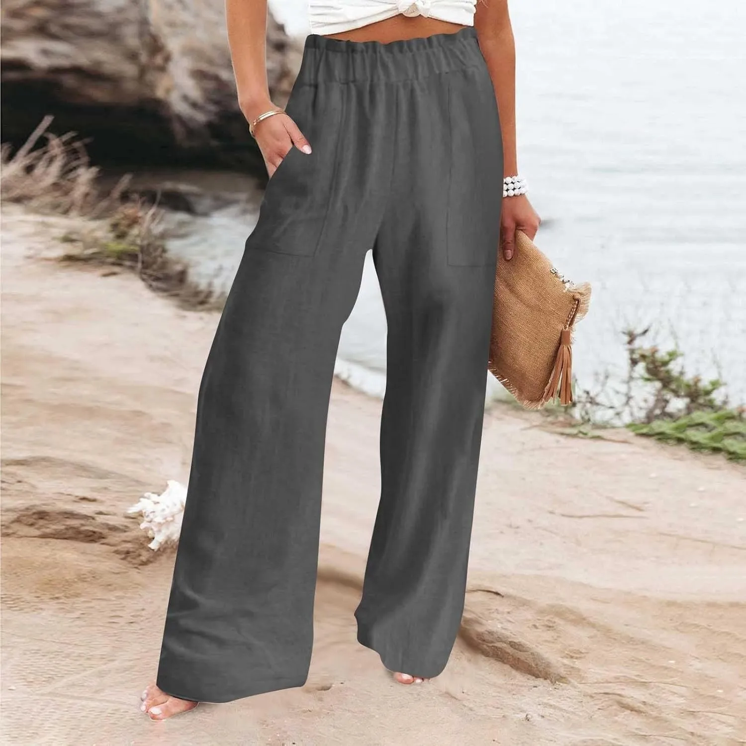 High Waisted Palazzo Pants Women Wide Leg Trousers, Casual Linen Pants with Pockets for Work or Lounge