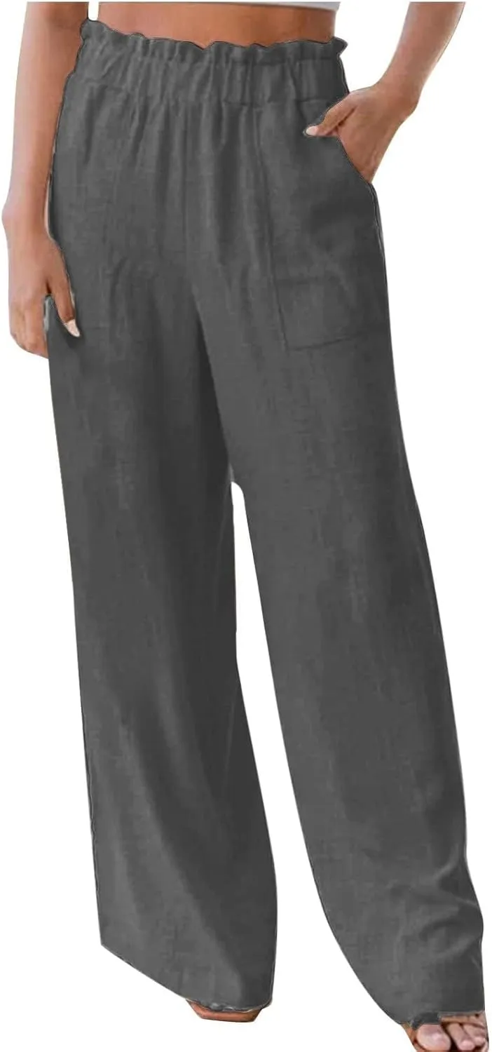 High Waisted Palazzo Pants Women Wide Leg Trousers, Casual Linen Pants with Pockets for Work or Lounge