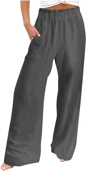 High Waisted Palazzo Pants Women Wide Leg Trousers, Casual Linen Pants with Pockets for Work or Lounge