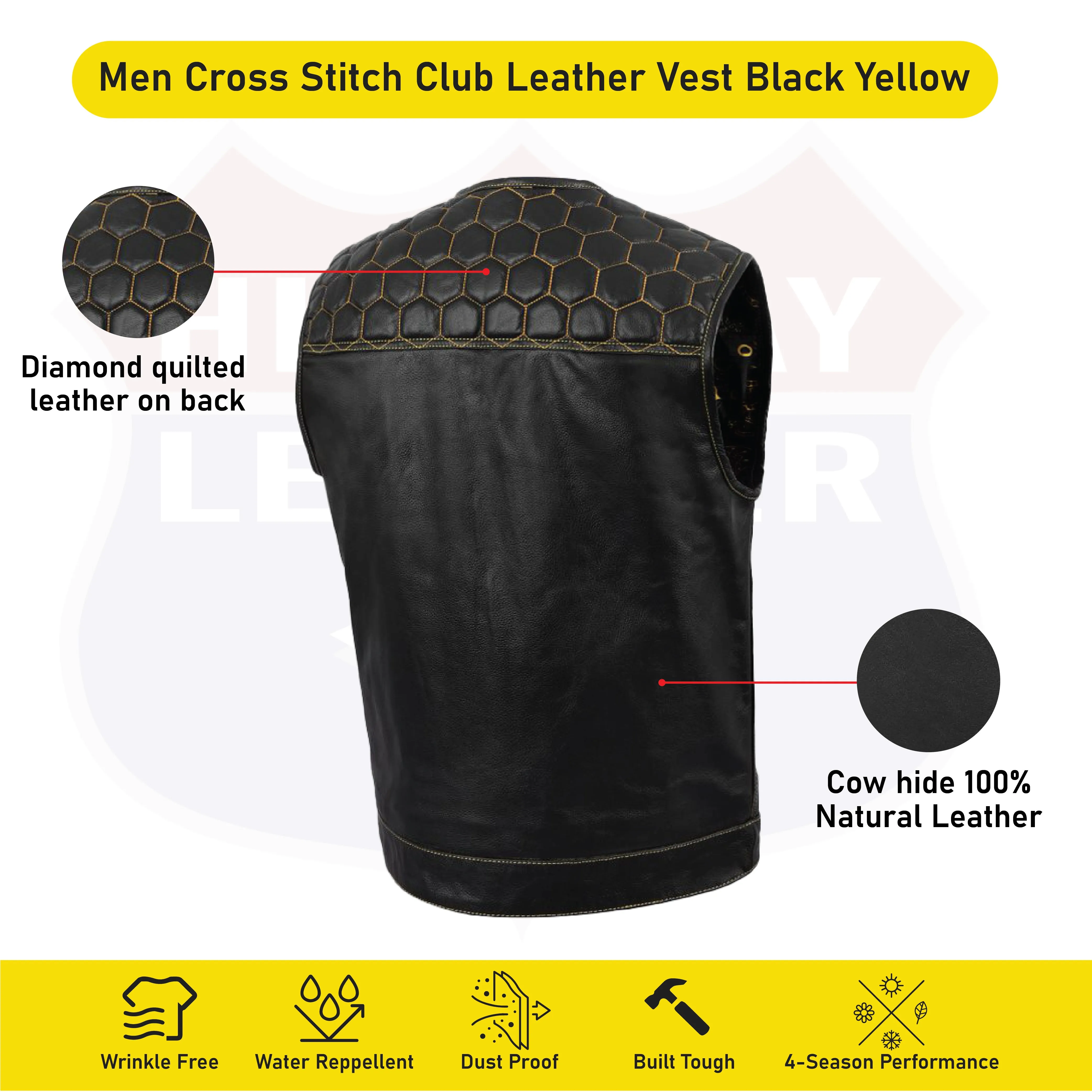 HL11049YELLOW Men's No Collar Club Style Leather Vest Honey Comb Stitch