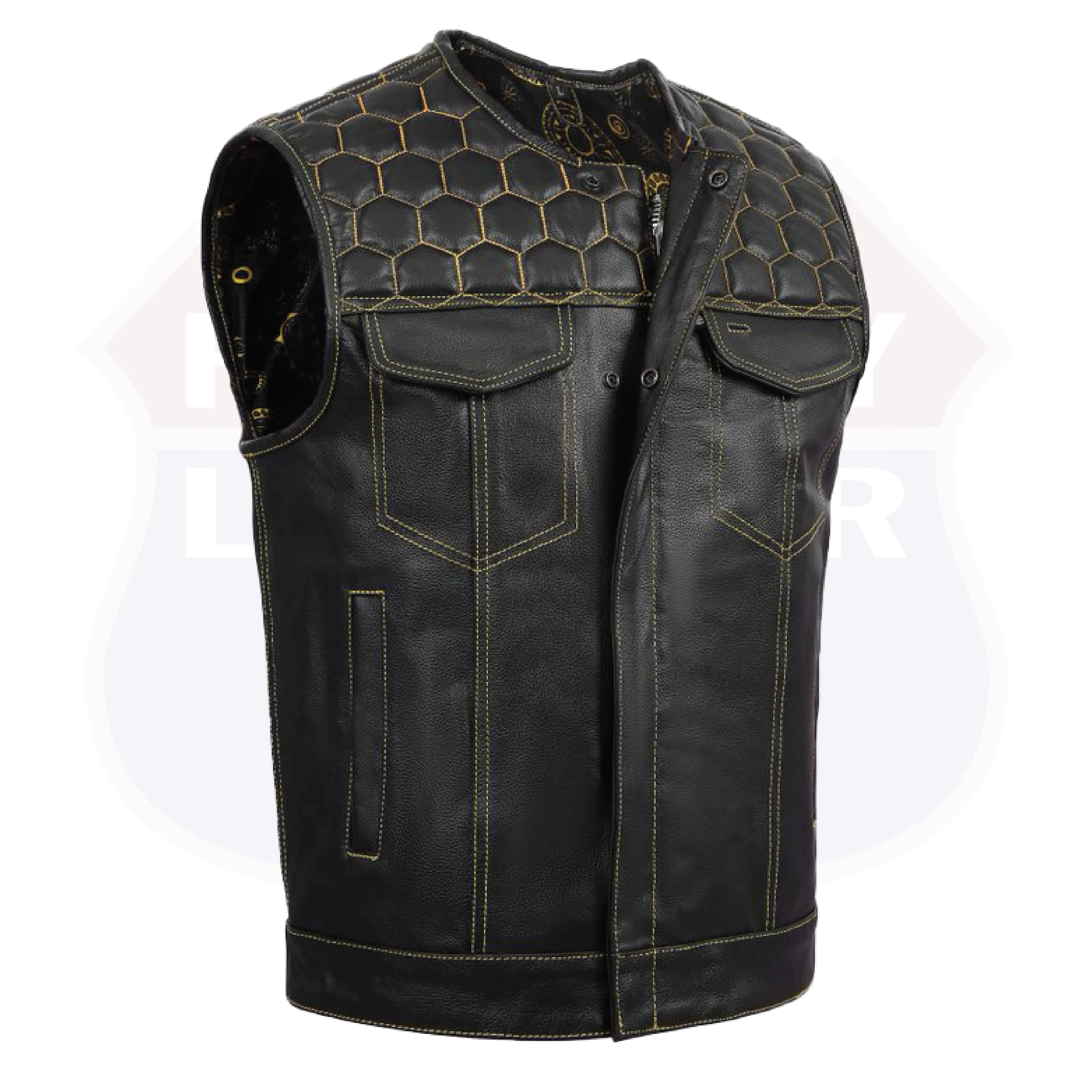 HL11049YELLOW Men's No Collar Club Style Leather Vest Honey Comb Stitch