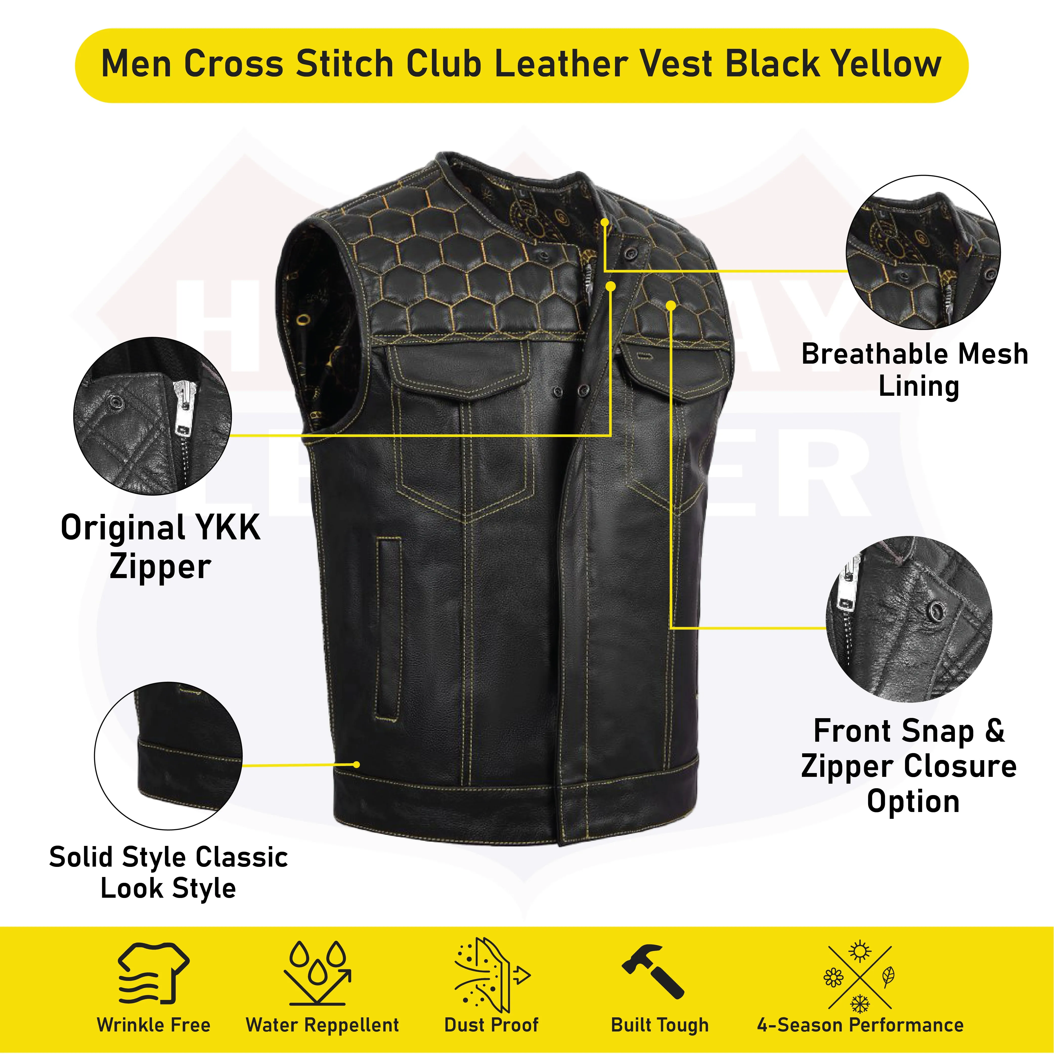 HL11049YELLOW Men's No Collar Club Style Leather Vest Honey Comb Stitch