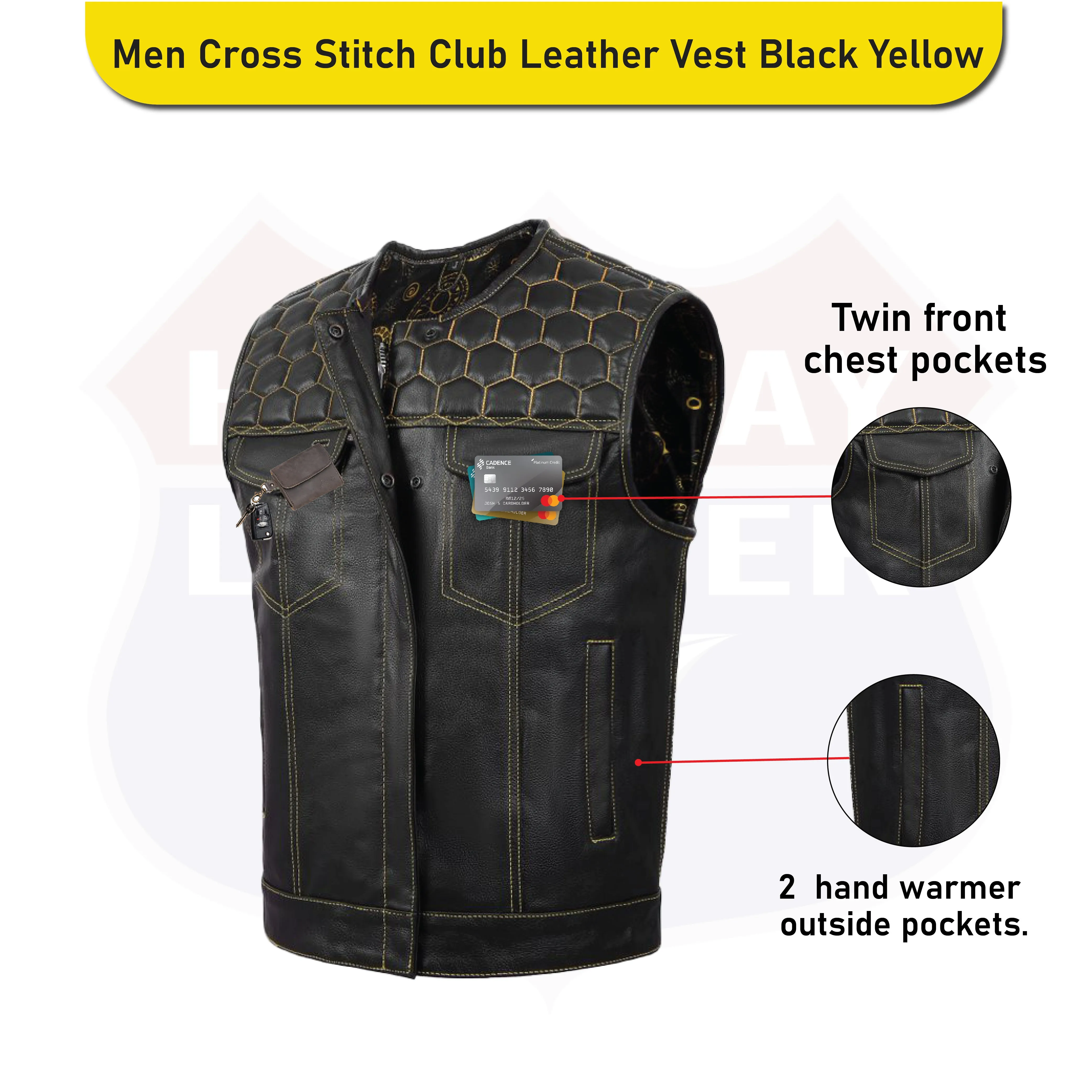HL11049YELLOW Men's No Collar Club Style Leather Vest Honey Comb Stitch