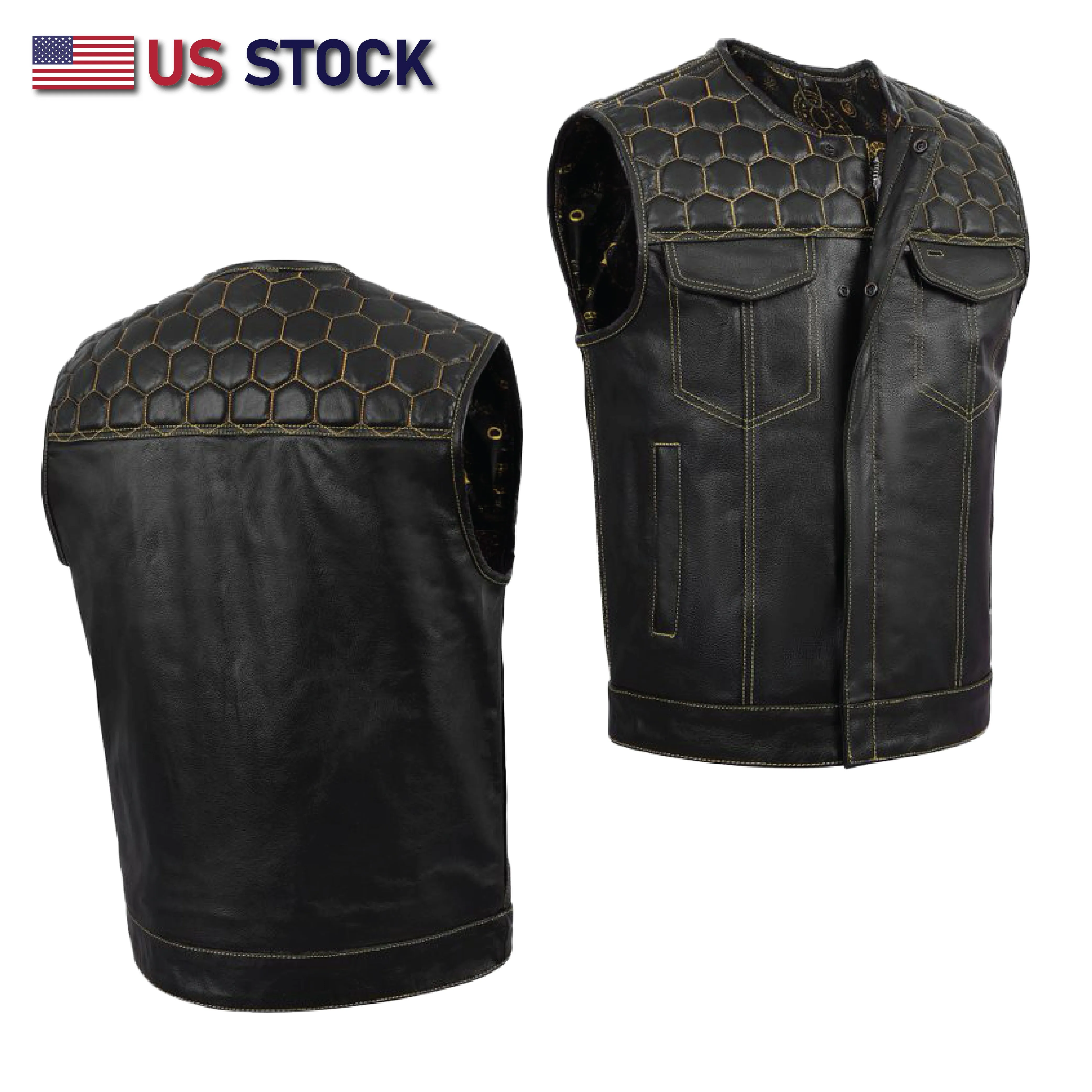 HL11049YELLOW Men's No Collar Club Style Leather Vest Honey Comb Stitch