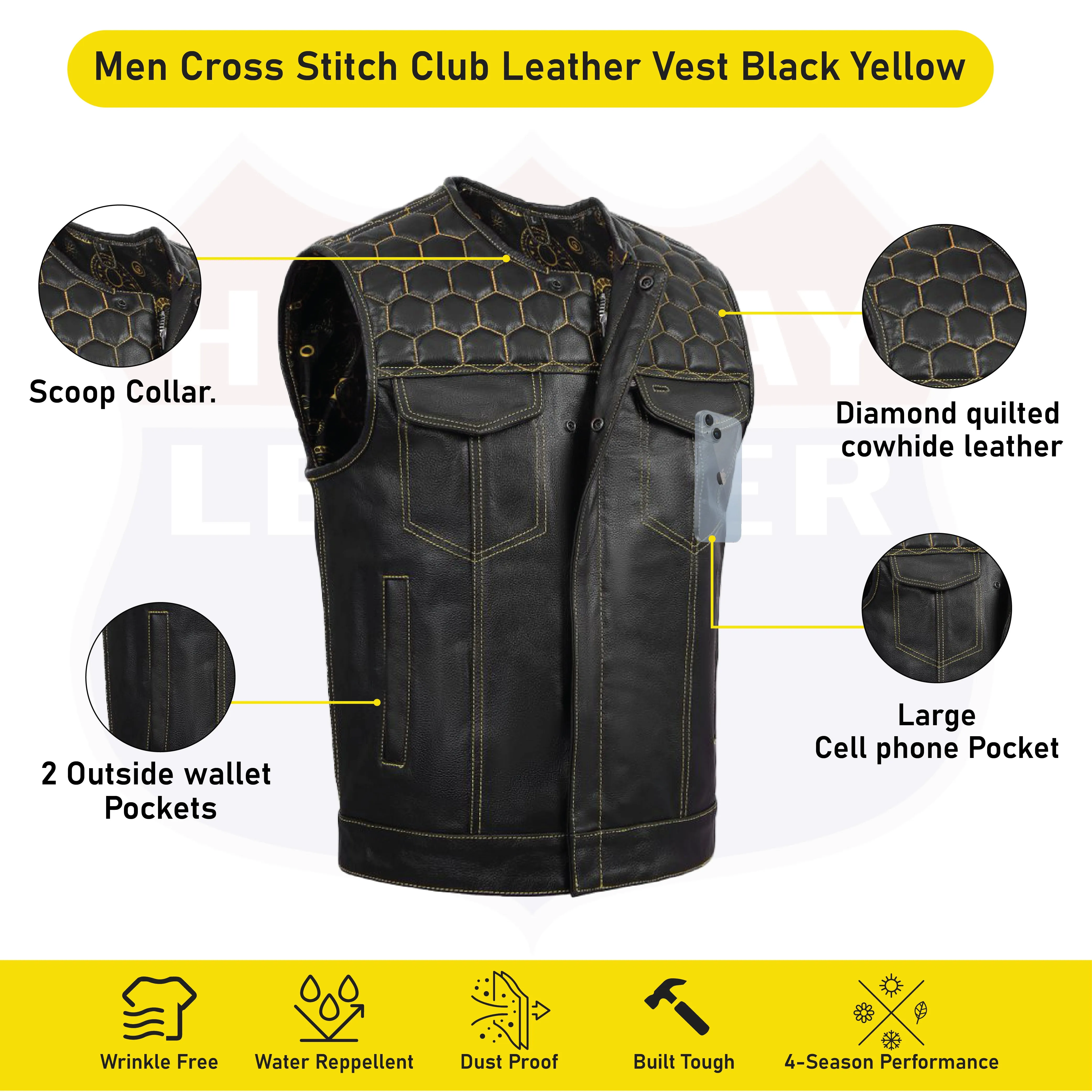 HL11049YELLOW Men's No Collar Club Style Leather Vest Honey Comb Stitch
