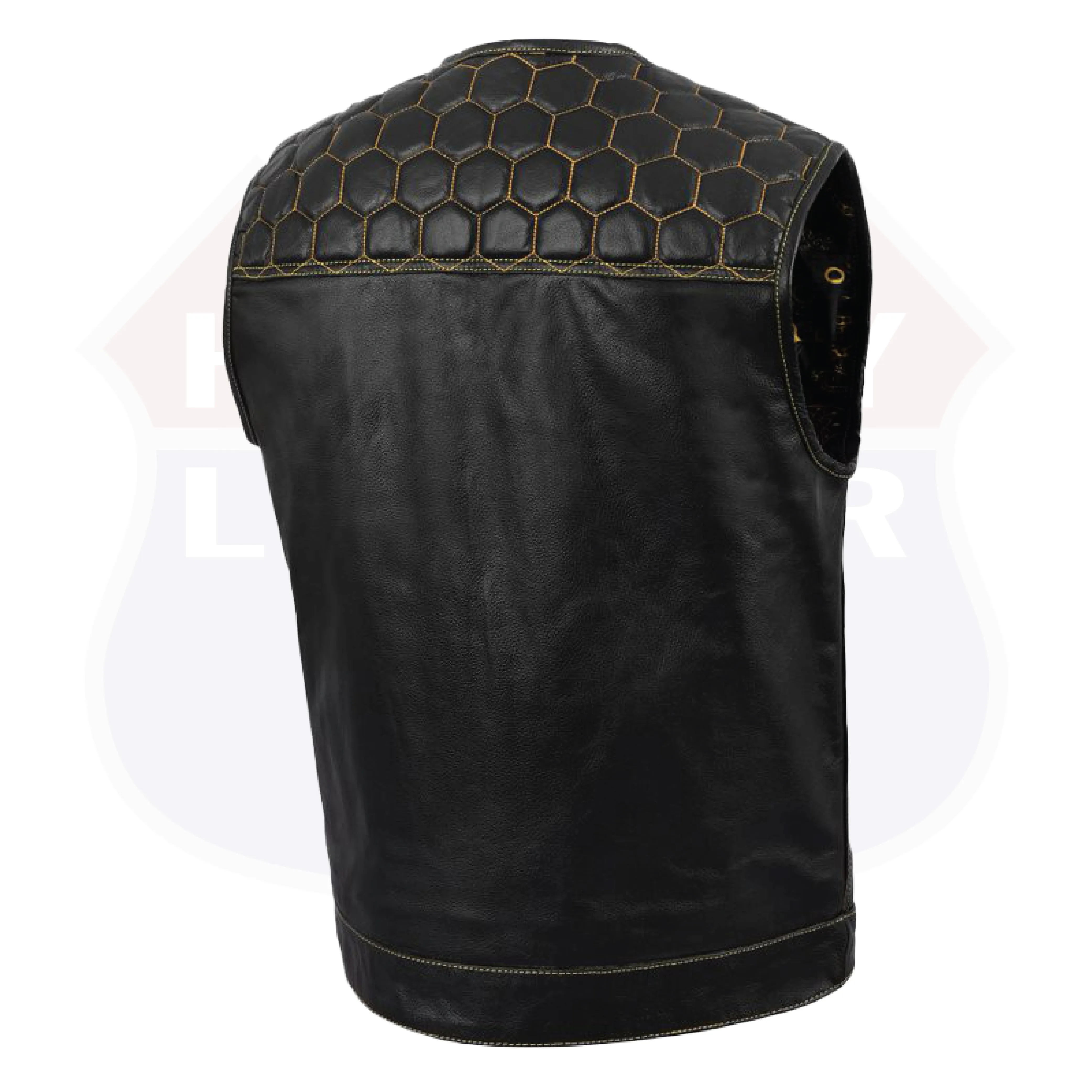 HL11049YELLOW Men's No Collar Club Style Leather Vest Honey Comb Stitch