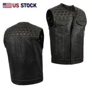 HL11049YELLOW Men's No Collar Club Style Leather Vest Honey Comb Stitch