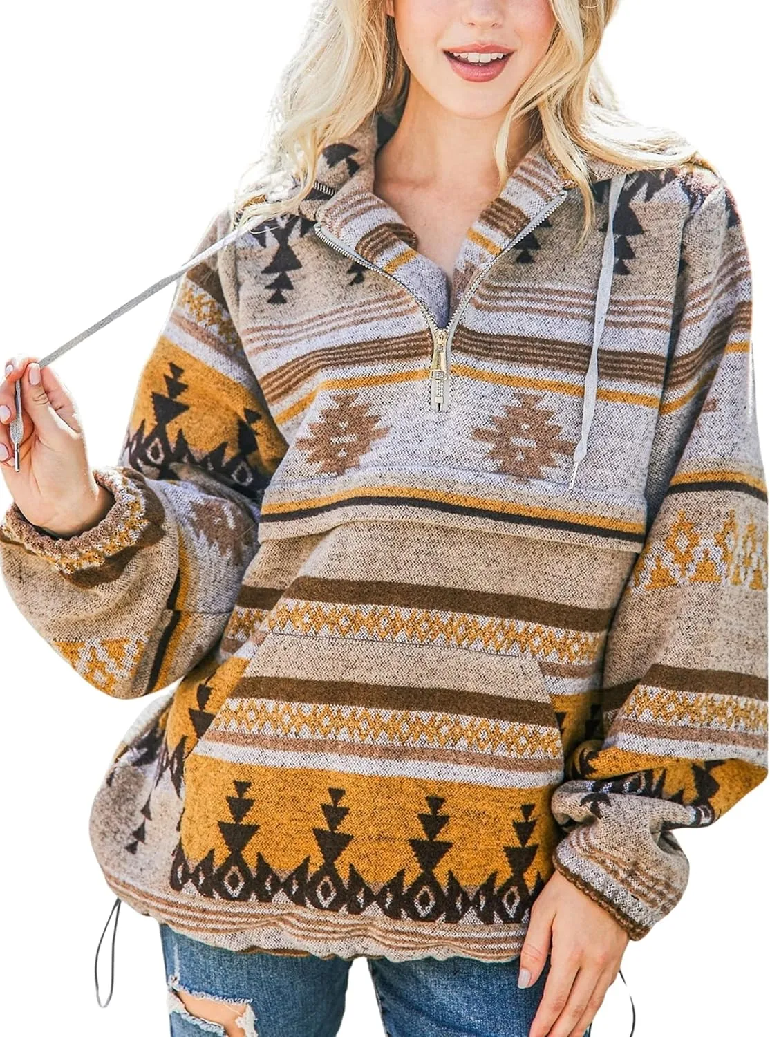 Hotmiss Womens Aztec Half Zip Up Hoodies Sweatshirt Western Long Sleeve Oversized Ethnic Tribal Hooded Pullover Shirt Top