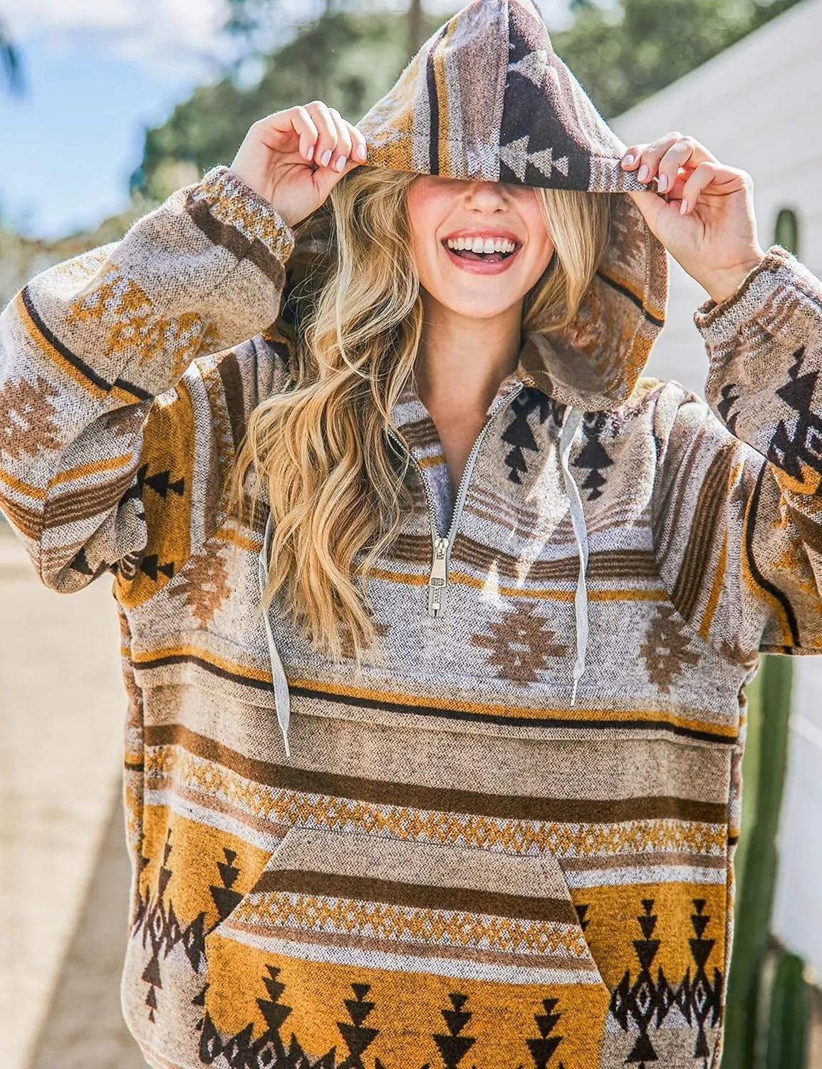 Hotmiss Womens Aztec Half Zip Up Hoodies Sweatshirt Western Long Sleeve Oversized Ethnic Tribal Hooded Pullover Shirt Top