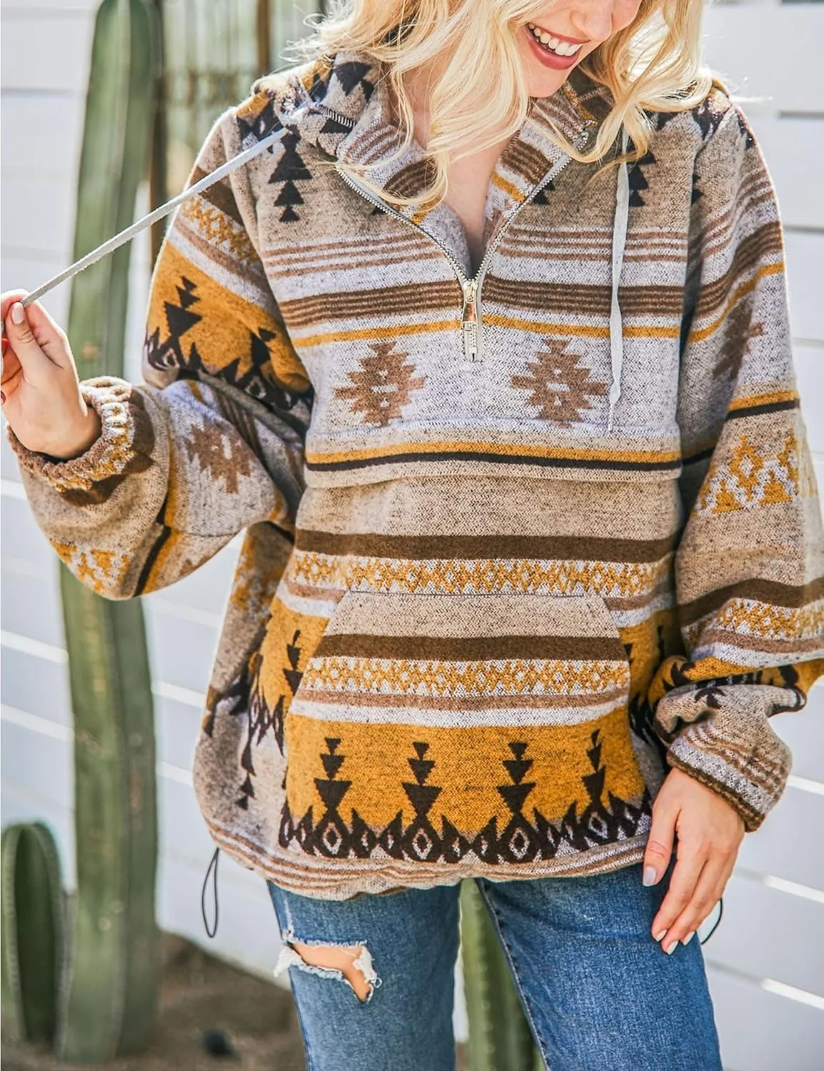 Hotmiss Womens Aztec Half Zip Up Hoodies Sweatshirt Western Long Sleeve Oversized Ethnic Tribal Hooded Pullover Shirt Top