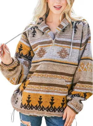 Hotmiss Womens Aztec Half Zip Up Hoodies Sweatshirt Western Long Sleeve Oversized Ethnic Tribal Hooded Pullover Shirt Top