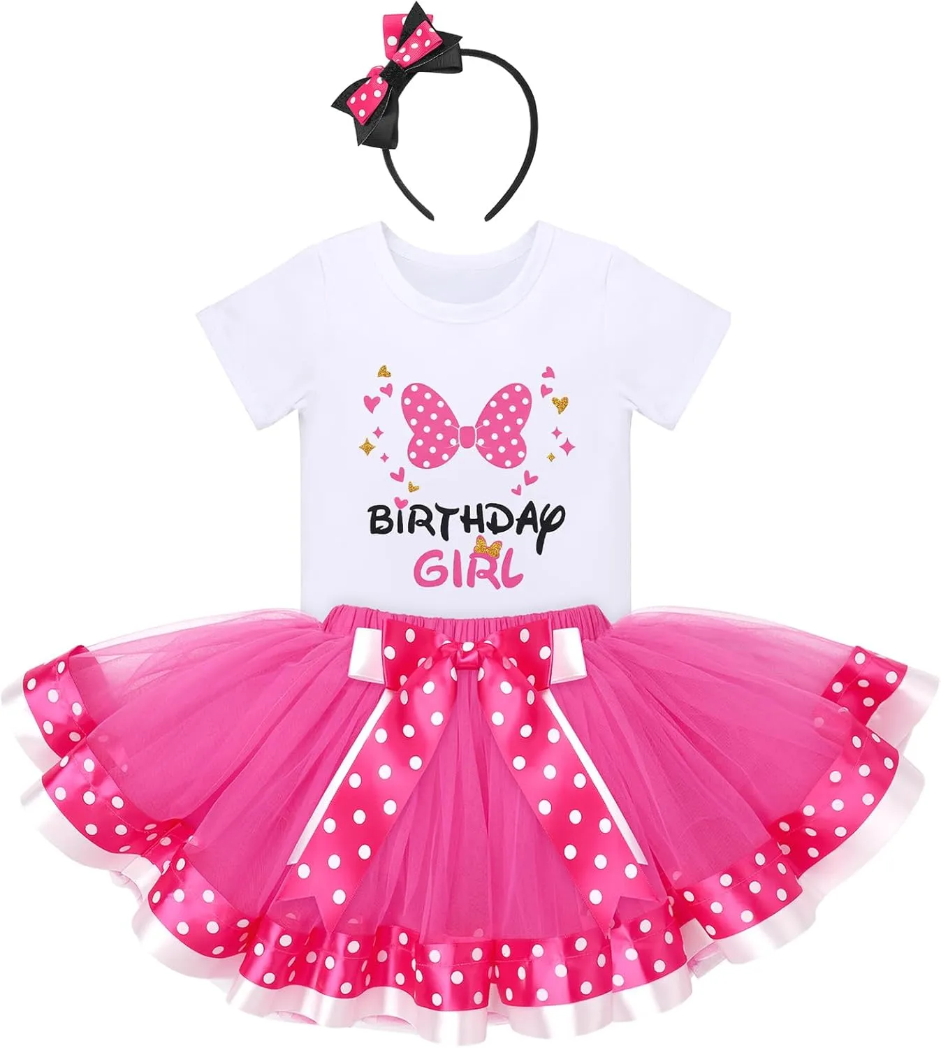 IBTOM CASTLE Toddler Birthday Girls Princess Party Outfit Polka Dots Top Shirts Tutu Skirt Set Ears Cake Smash Costume