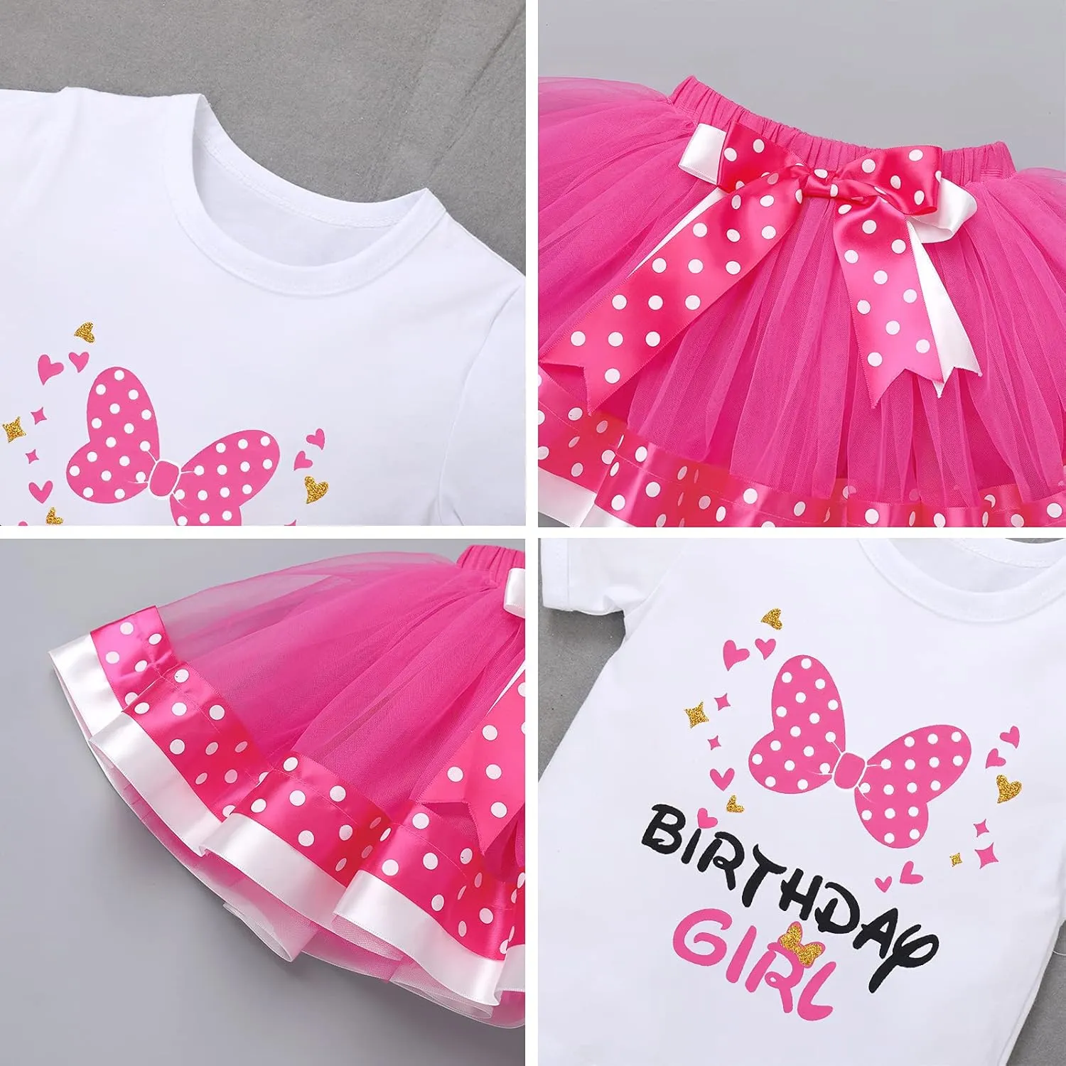 IBTOM CASTLE Toddler Birthday Girls Princess Party Outfit Polka Dots Top Shirts Tutu Skirt Set Ears Cake Smash Costume