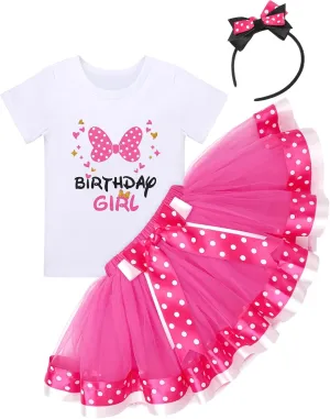 IBTOM CASTLE Toddler Birthday Girls Princess Party Outfit Polka Dots Top Shirts Tutu Skirt Set Ears Cake Smash Costume