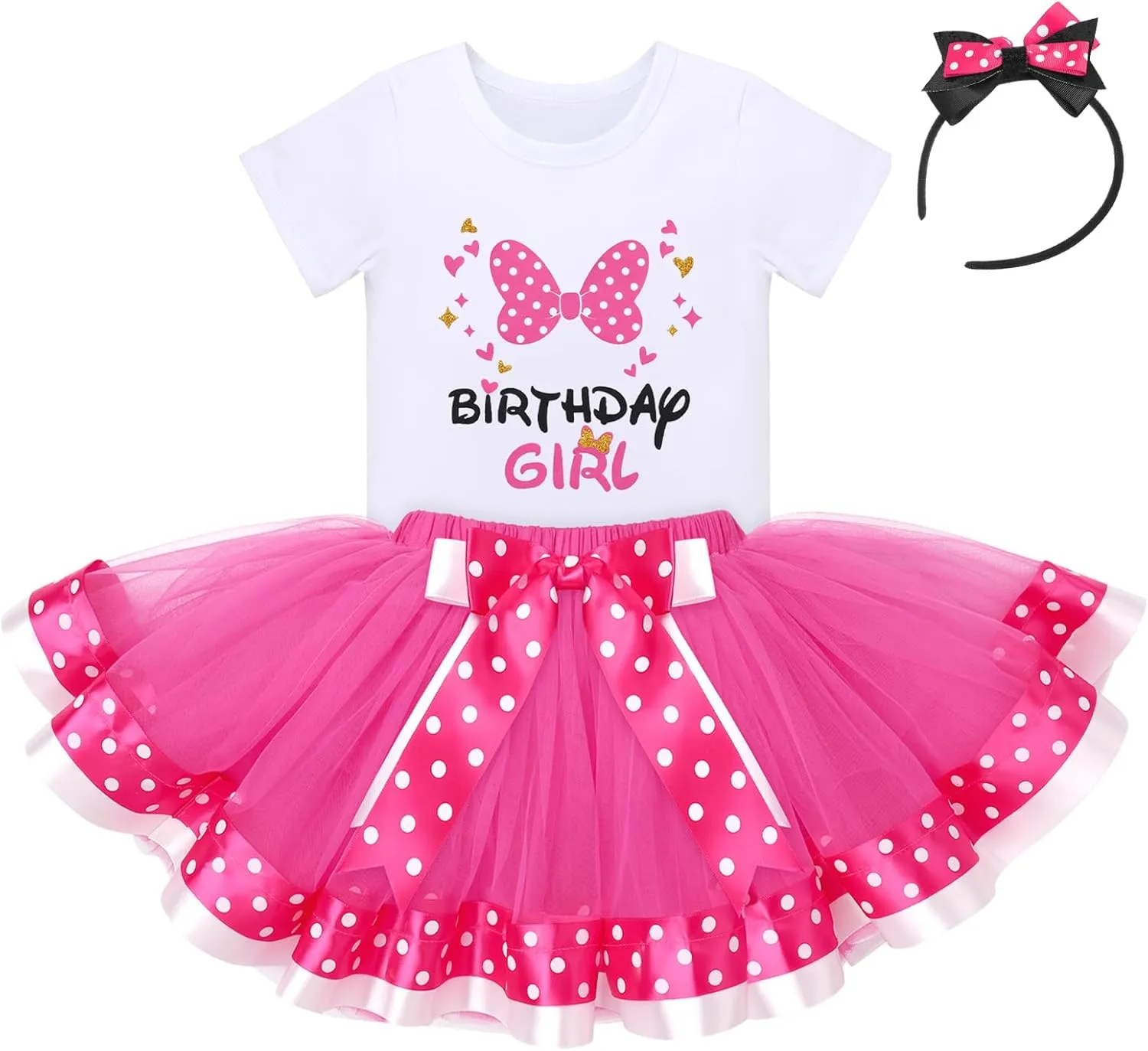 IBTOM CASTLE Toddler Birthday Girls Princess Party Outfit Polka Dots Top Shirts Tutu Skirt Set Ears Cake Smash Costume