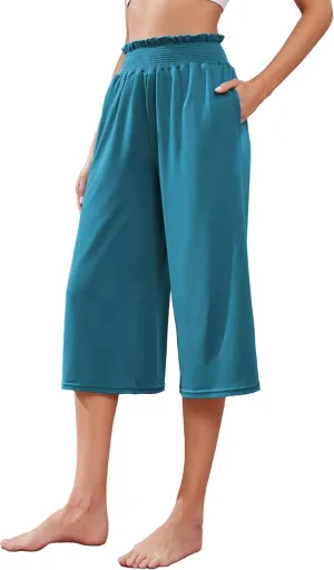 iChunhua Wide Leg Capri Yoga Pants for Women Loose Summer Ruffles High Rise Cropped Bottom with Pockets
