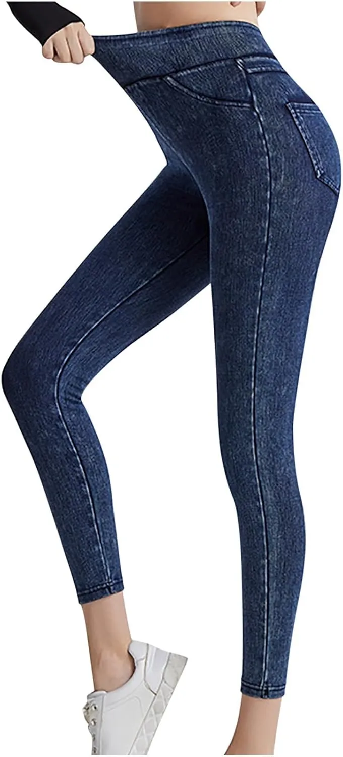 Jean Leggings Jeggings for Women Elastic High Waist Slim Fit Tummy Control Skinny Stretchy Imitation Denim Pants