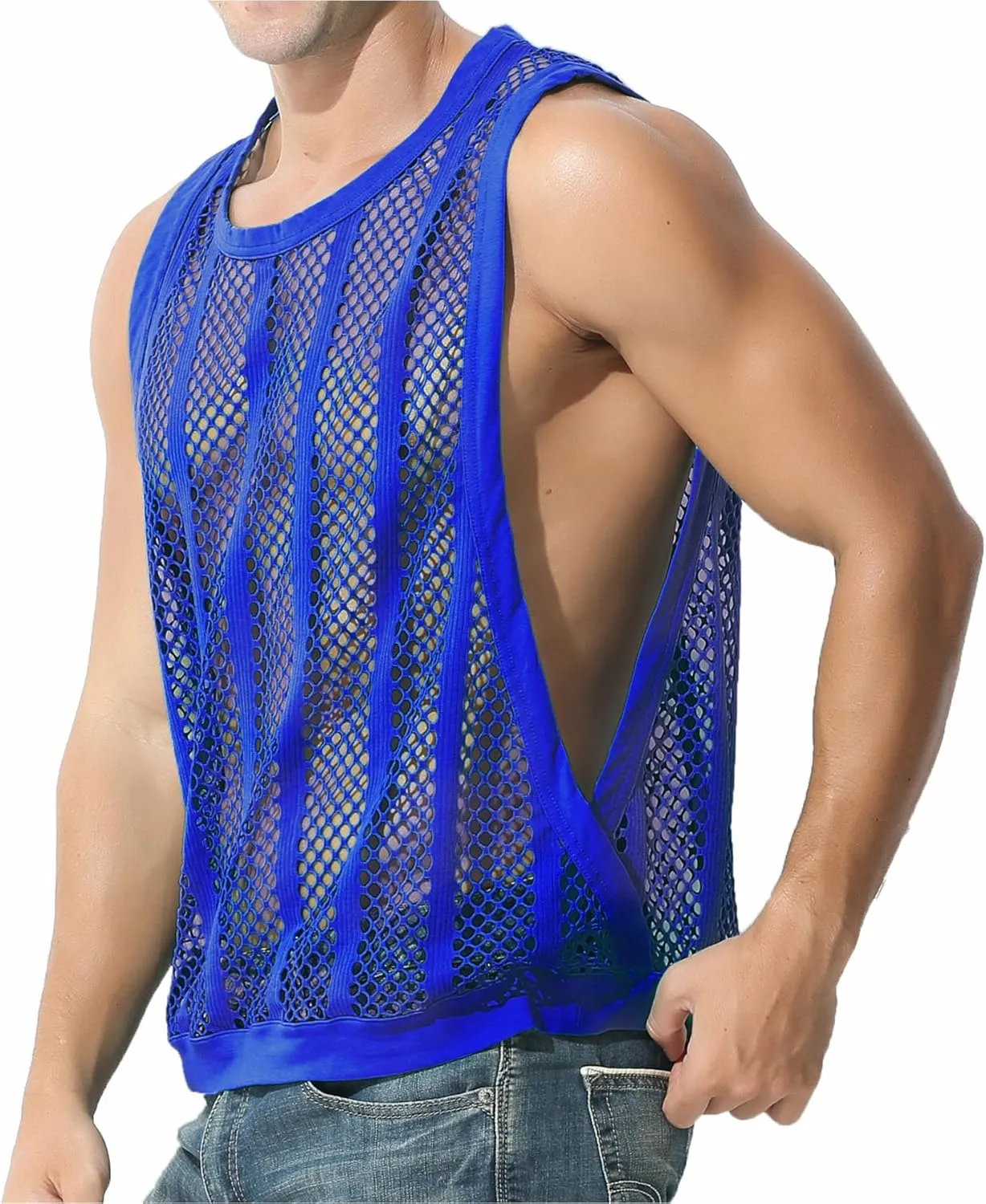 JINSHI Men's Mesh Athletic Tank Top Shirts Sexy Fishnet See Through Sleeveless Vest Male Fitted Muscle Workout Tops Swimwear