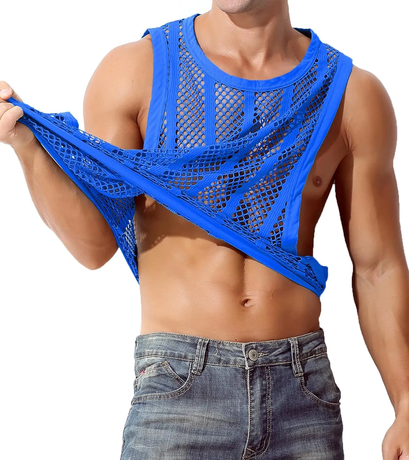 JINSHI Men's Mesh Athletic Tank Top Shirts Sexy Fishnet See Through Sleeveless Vest Male Fitted Muscle Workout Tops Swimwear