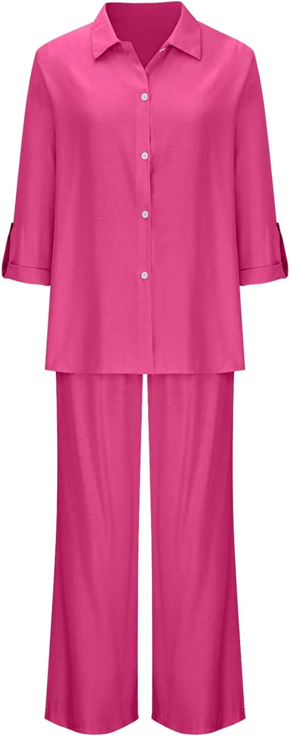 JOAU Plus Size Cotton Linen 2 Piece for Women Casual Lounge Long Sleeve Button Down Shirts and Wide Leg Pants Sets Tracksuit