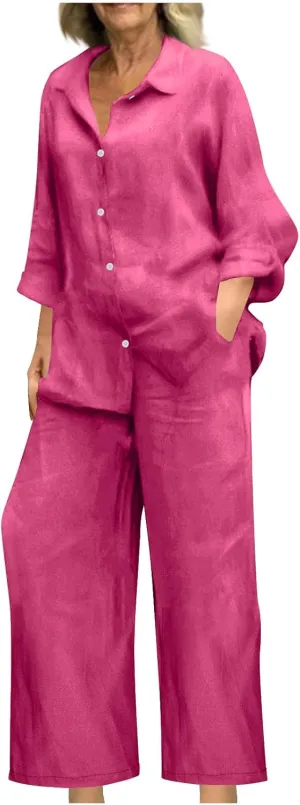 JOAU Plus Size Cotton Linen 2 Piece for Women Casual Lounge Long Sleeve Button Down Shirts and Wide Leg Pants Sets Tracksuit