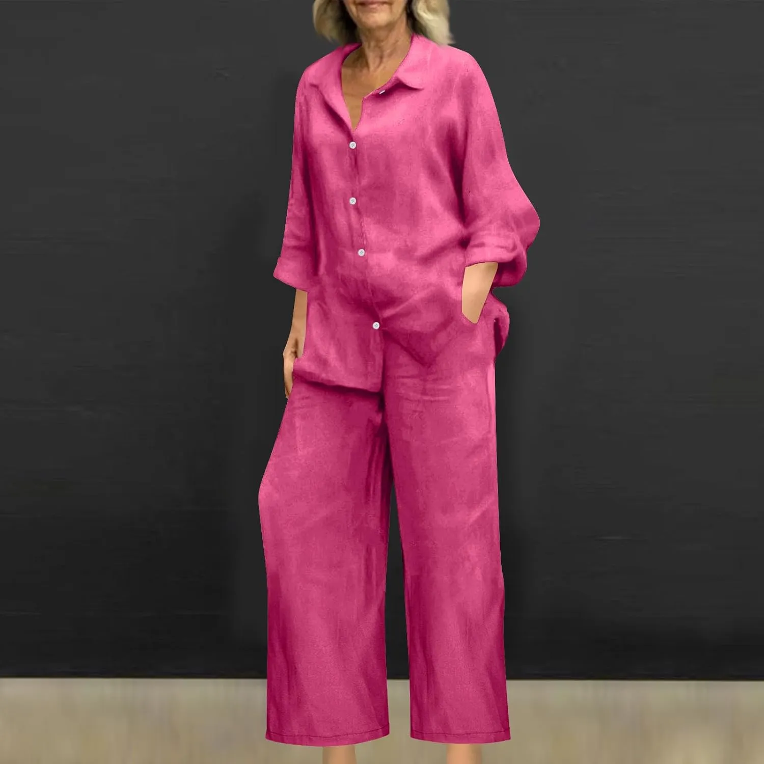 JOAU Plus Size Cotton Linen 2 Piece for Women Casual Lounge Long Sleeve Button Down Shirts and Wide Leg Pants Sets Tracksuit