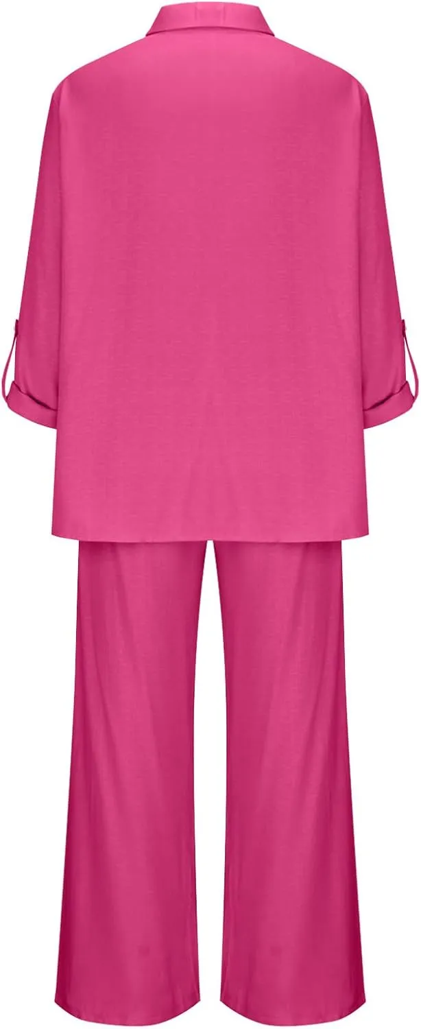 JOAU Plus Size Cotton Linen 2 Piece for Women Casual Lounge Long Sleeve Button Down Shirts and Wide Leg Pants Sets Tracksuit