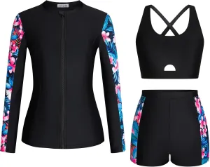 Kate Kasin Women's 3 Piece Rash Guard UV Sun Protection Long Sleeve Swimsuits Built-in Bra Zip Up Swim Shirts with Boyshorts
