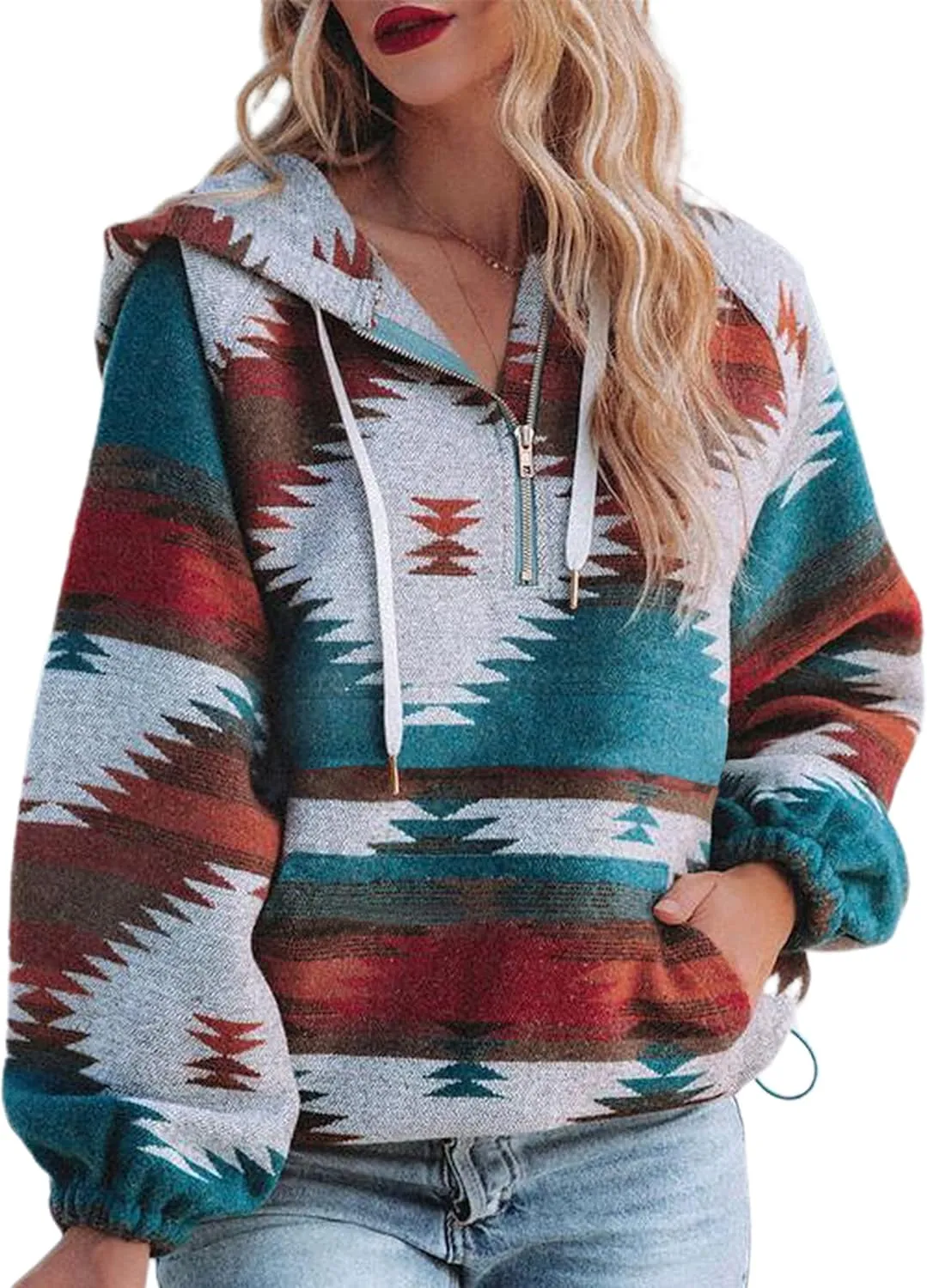 Kedera Aztec Jacket Women Ethnic Half Zip Pullover Hoodies Sweatshirt Fall Fashion Ethnic Clothing