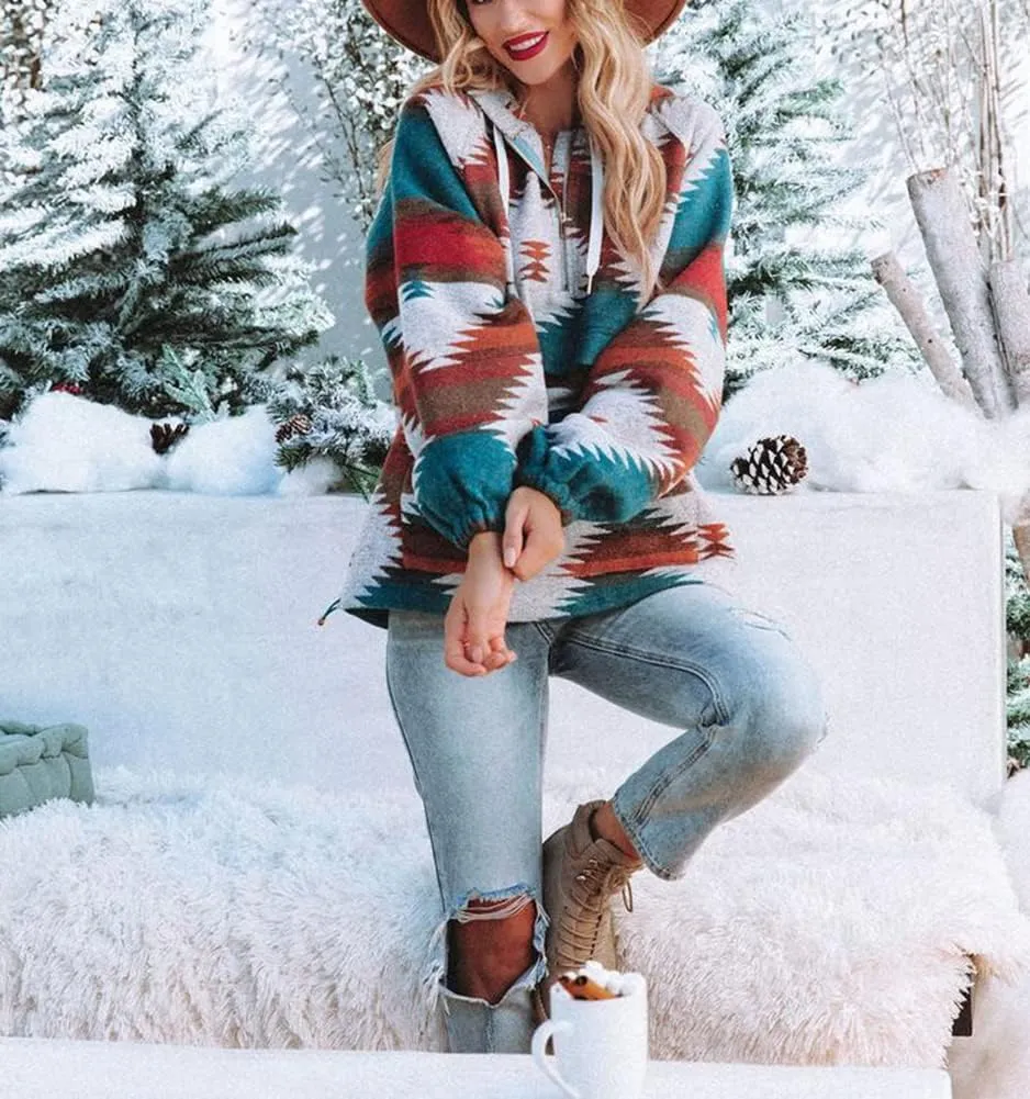 Kedera Aztec Jacket Women Ethnic Half Zip Pullover Hoodies Sweatshirt Fall Fashion Ethnic Clothing