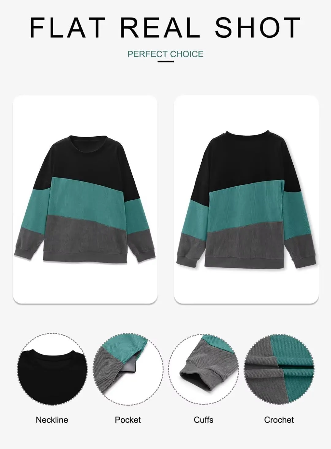 KISSMODA Womens Casual Long Sleeve Sweatshirts Color Block/Solid Tops Corduroy Crewneck Tunic Pullover with Pockets