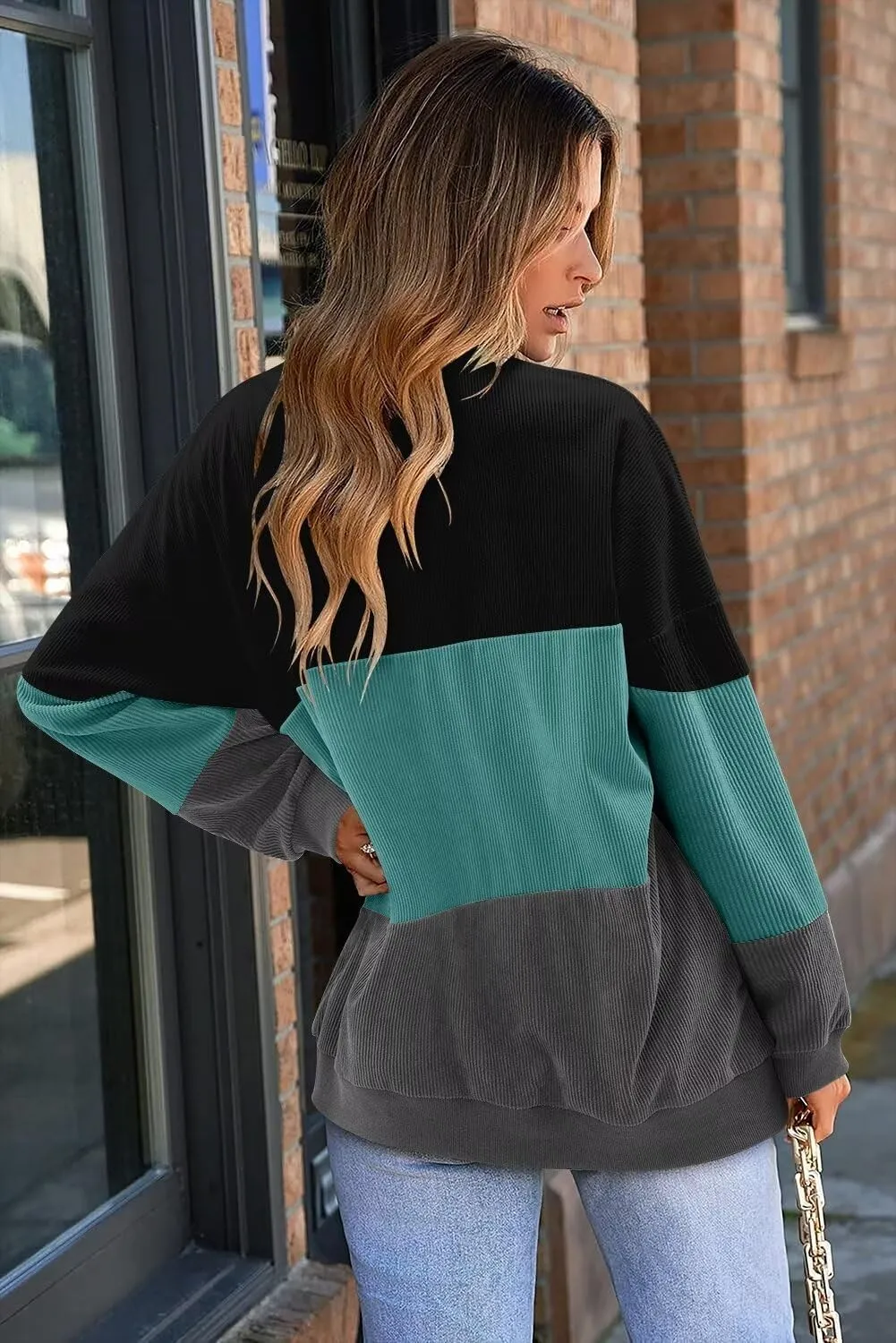 KISSMODA Womens Casual Long Sleeve Sweatshirts Color Block/Solid Tops Corduroy Crewneck Tunic Pullover with Pockets