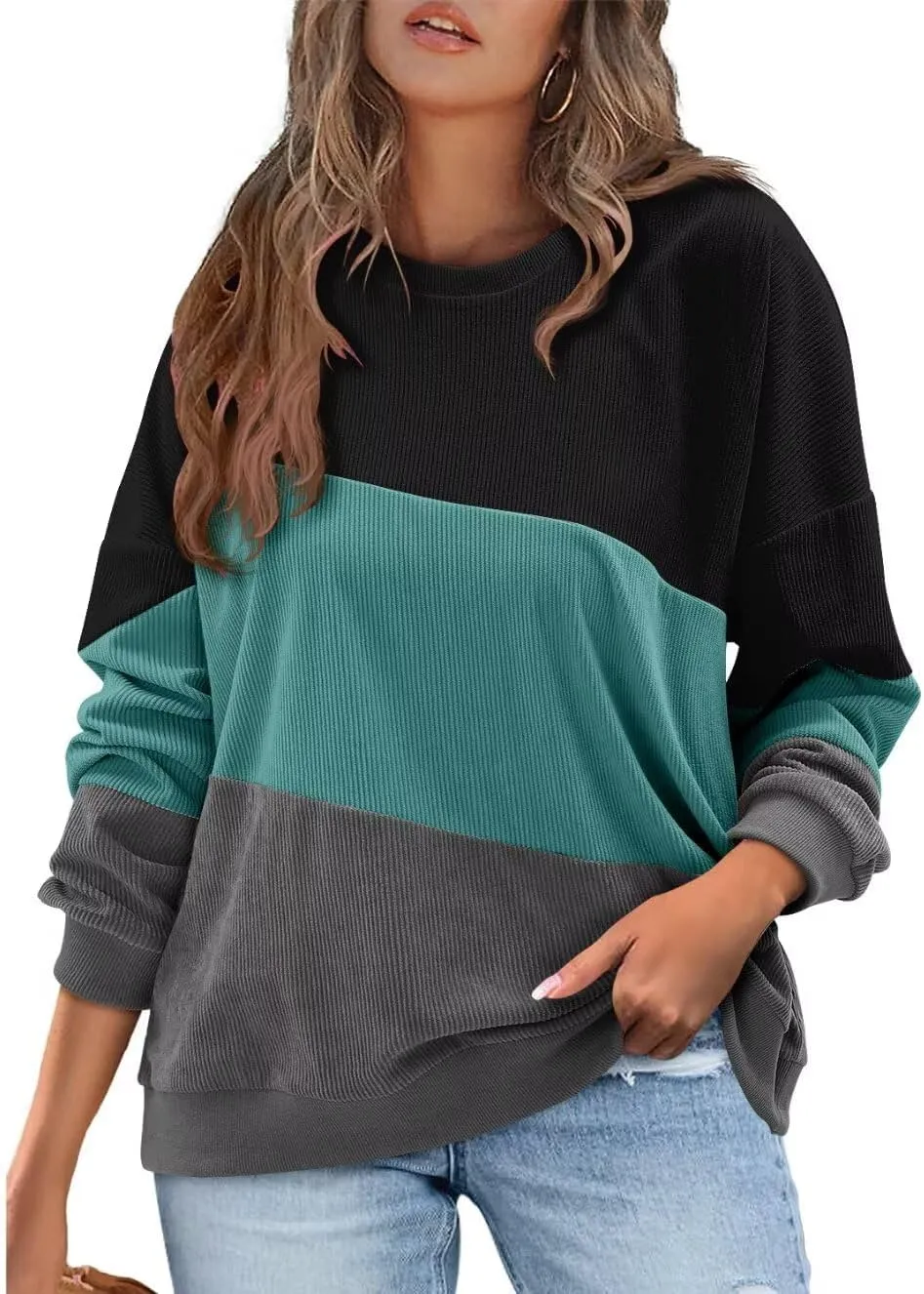 KISSMODA Womens Casual Long Sleeve Sweatshirts Color Block/Solid Tops Corduroy Crewneck Tunic Pullover with Pockets