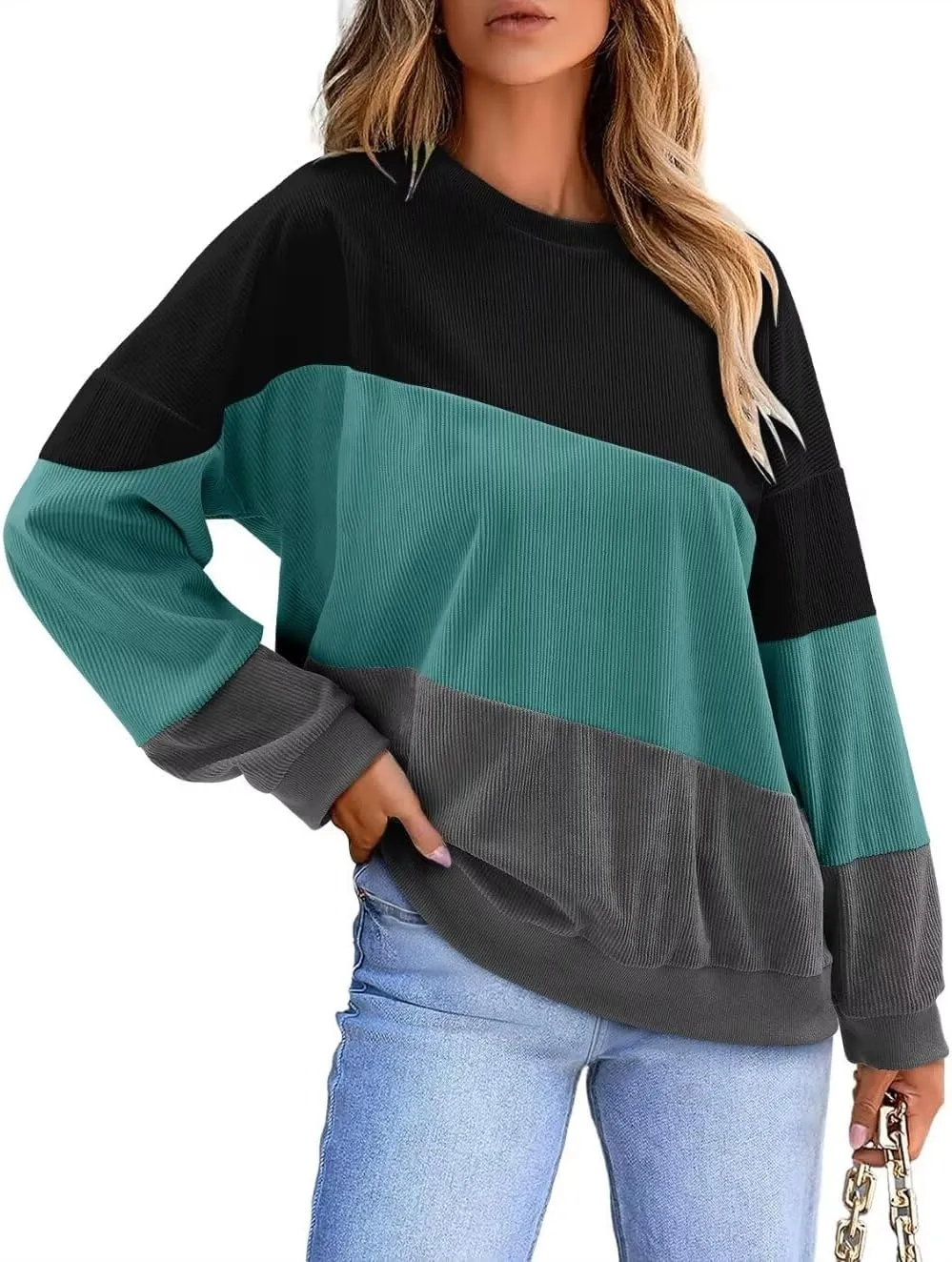 KISSMODA Womens Casual Long Sleeve Sweatshirts Color Block/Solid Tops Corduroy Crewneck Tunic Pullover with Pockets