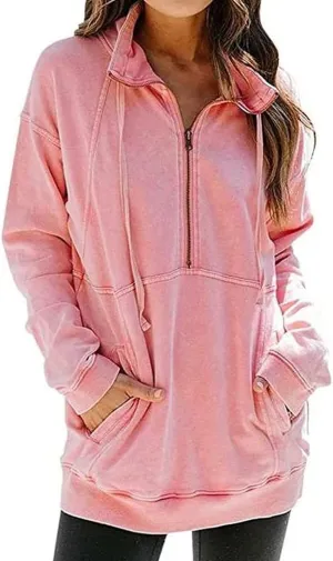 Ladmous Womens Casual Long Sleeve Half Zip Sweatshirt Lapel Drawstring Oversized Pullover Tops with PocketsS-2XL