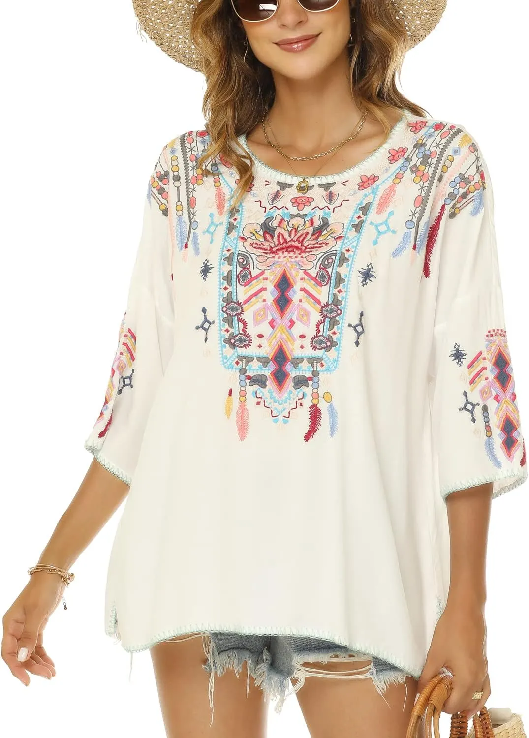 LauraKlein Women Mexican Embroidered Shirt for Women Bohemian Style Top Blouse 3/4 Sleeve Summer Casual Tunics