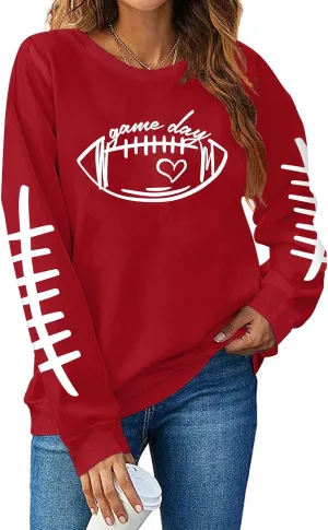 LHBNK Game Day Sweatshirts for Women Football Sweatshirts Funny Football Graphic Crewneck Long Sleeve Pullover Tops