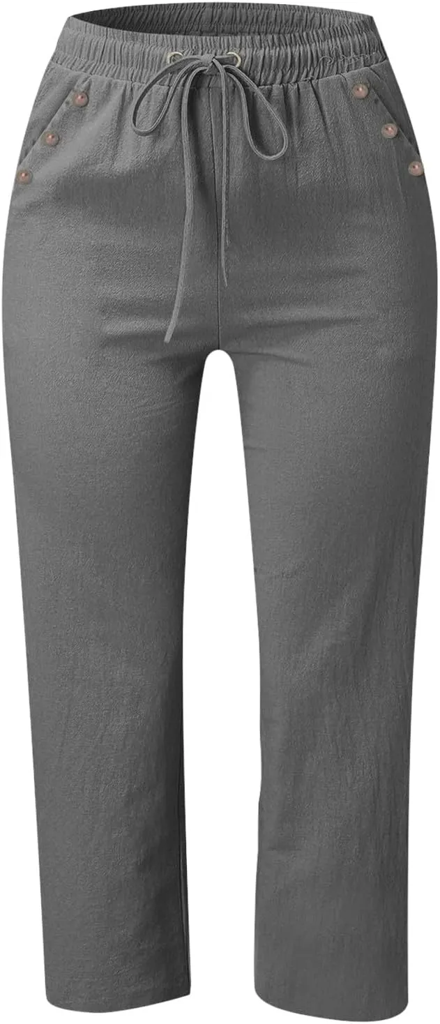 Linen Capri Pants for Women Casual 2025 Summer Drawstring Elastic High Waist Pant Straight Wide Leg Cropped Trouser