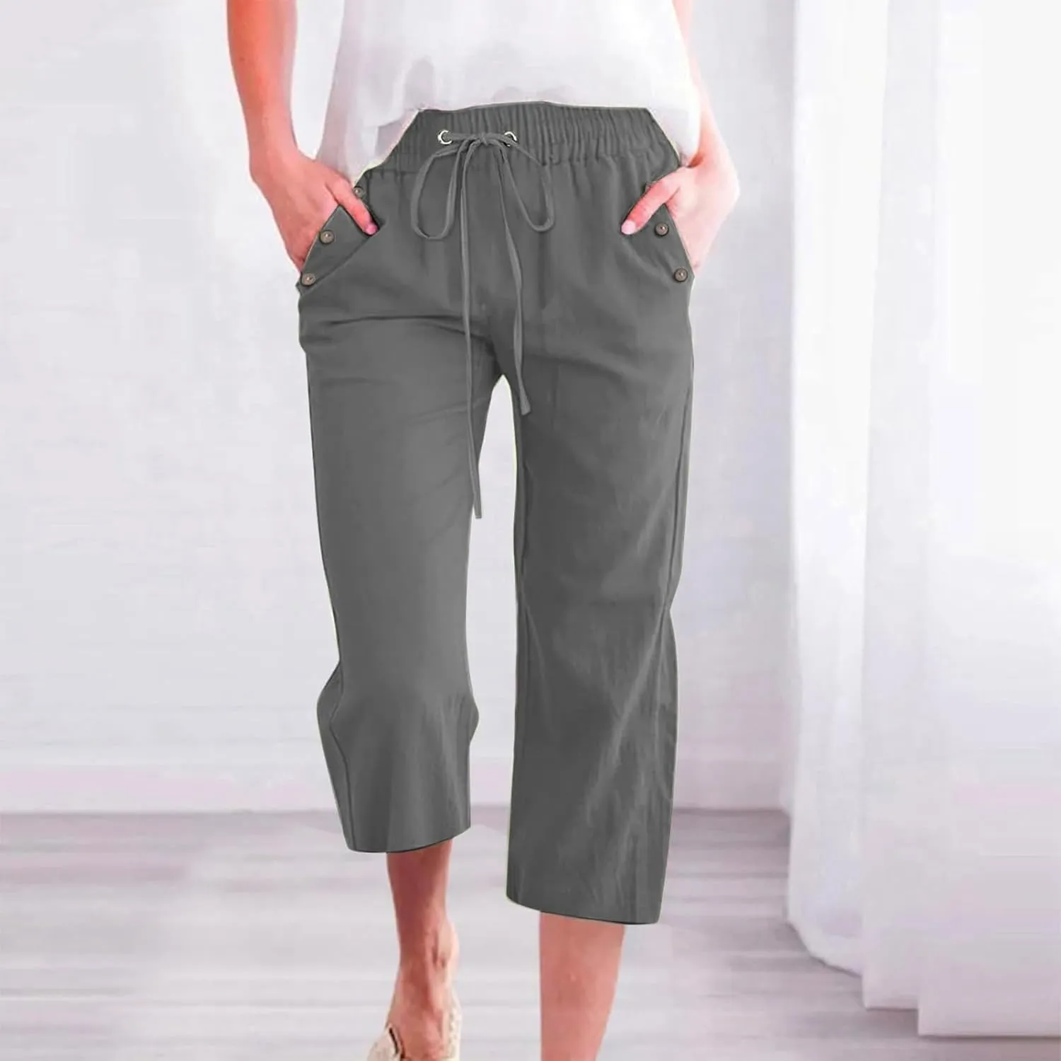 Linen Capri Pants for Women Casual 2025 Summer Drawstring Elastic High Waist Pant Straight Wide Leg Cropped Trouser