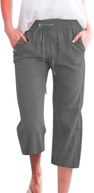 Linen Capri Pants for Women Casual 2025 Summer Drawstring Elastic High Waist Pant Straight Wide Leg Cropped Trouser