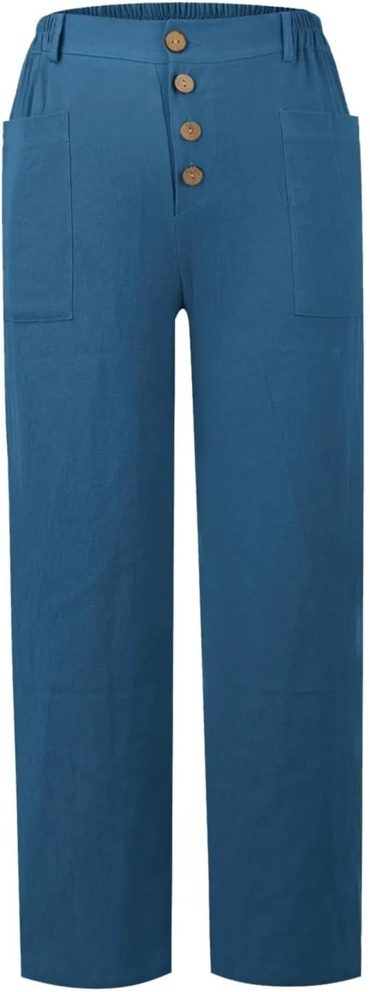 Linen Capri Pants for Women High Waisted Solid Baggy Button Down Capri Pants with Pockets Casual Summer Crop Pants