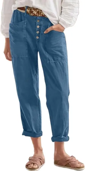 Linen Capri Pants for Women High Waisted Solid Baggy Button Down Capri Pants with Pockets Casual Summer Crop Pants