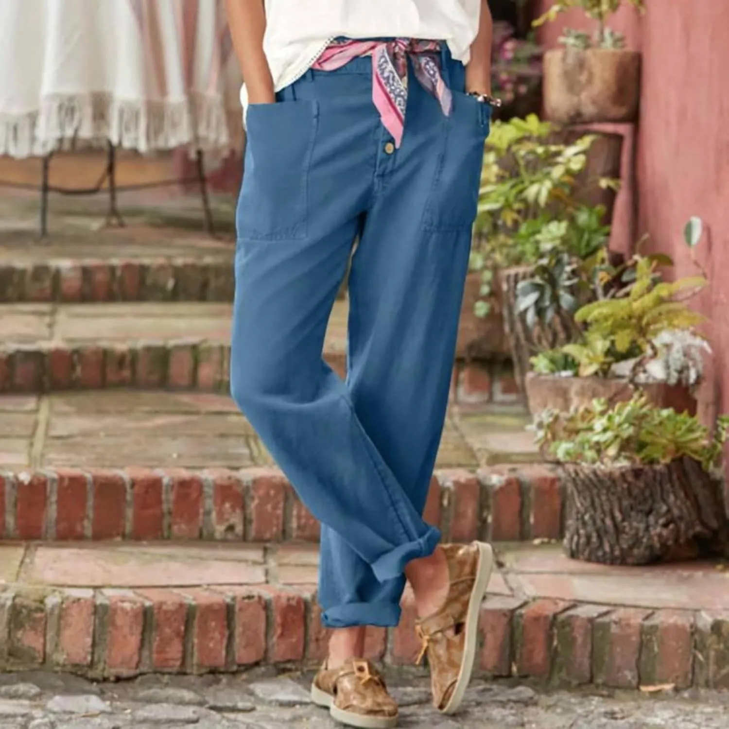 Linen Capri Pants for Women High Waisted Solid Baggy Button Down Capri Pants with Pockets Casual Summer Crop Pants