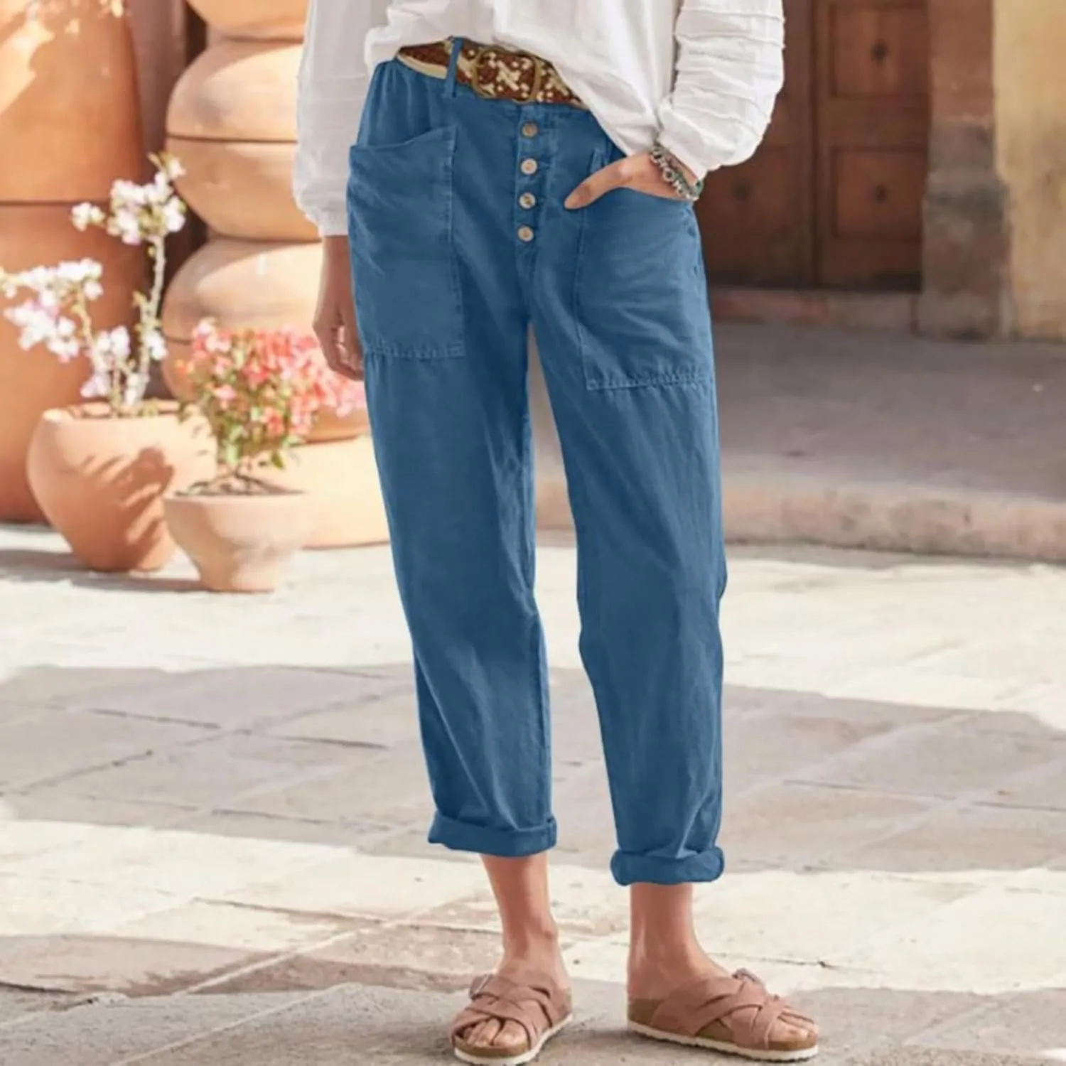 Linen Capri Pants for Women High Waisted Solid Baggy Button Down Capri Pants with Pockets Casual Summer Crop Pants