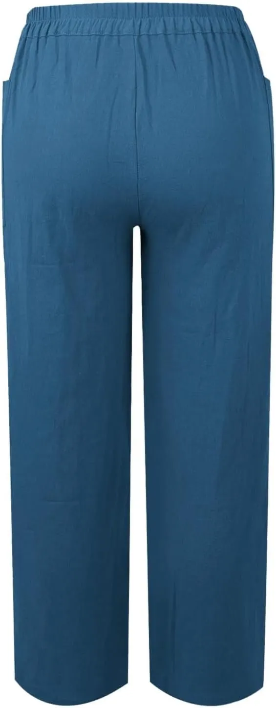 Linen Capri Pants for Women High Waisted Solid Baggy Button Down Capri Pants with Pockets Casual Summer Crop Pants