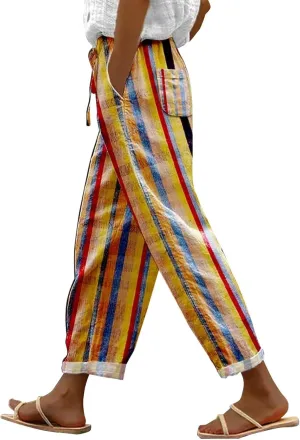 Linen Capri Pants with Drawstring Womens Casual Lightweight Elastic Waist Pants with Pockets Summer Petite Capris