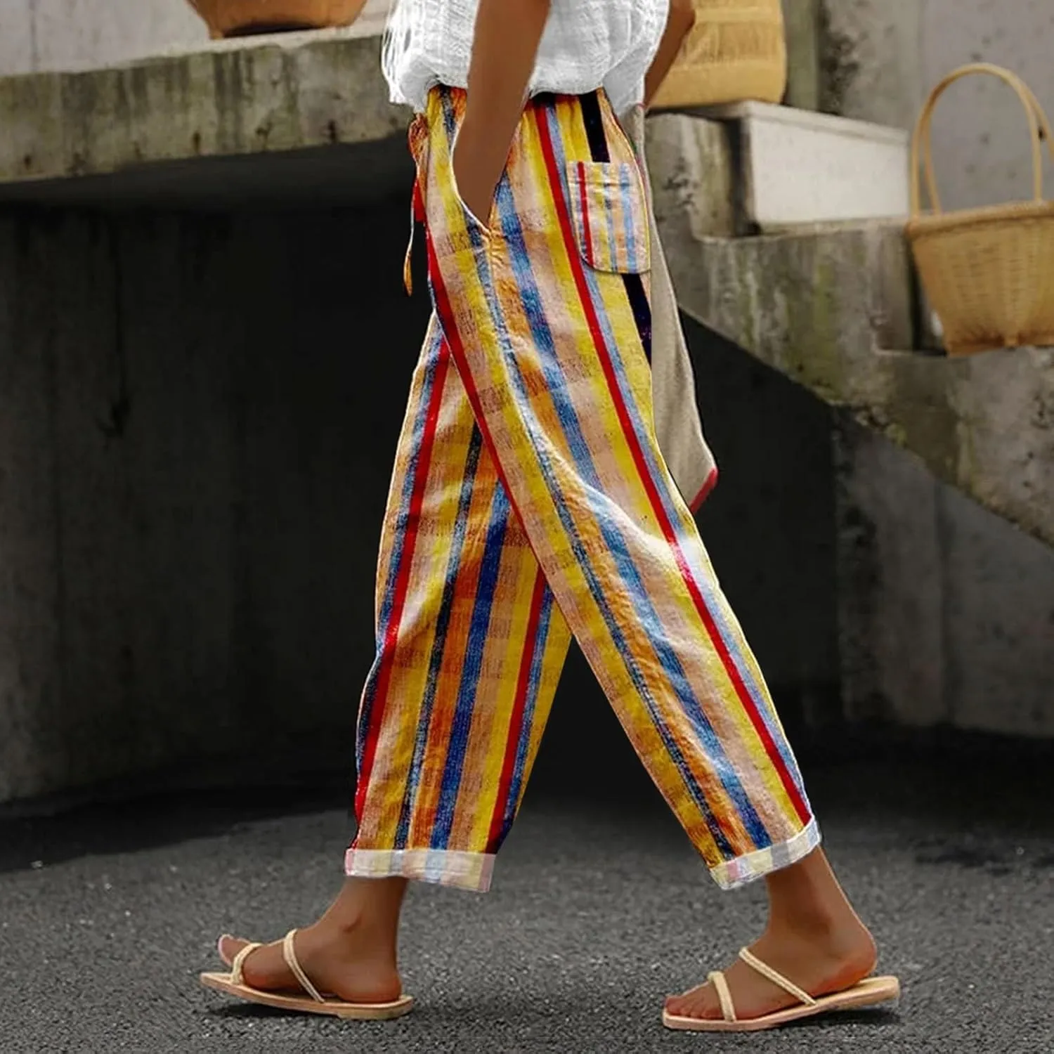 Linen Capri Pants with Drawstring Womens Casual Lightweight Elastic Waist Pants with Pockets Summer Petite Capris