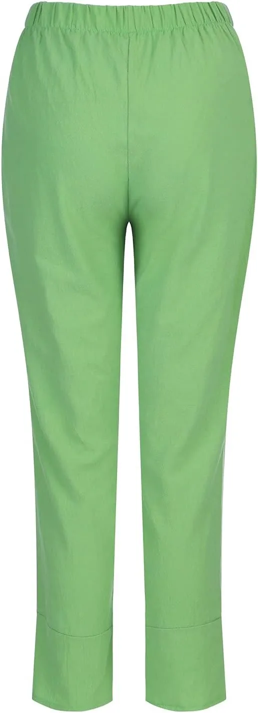 Linen Capri Pants Womens Casual Summer Trendy Elastic Waist Loose Trouser Lounge Athletic Yoga Pants Beach Plus Size
